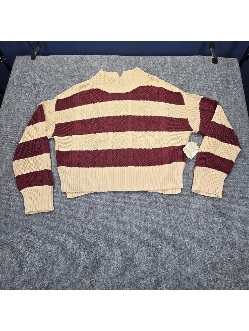 Altar'd State Burgundy Ivory Striped Cable Knit Sweater XXL Tags Attached Flaws